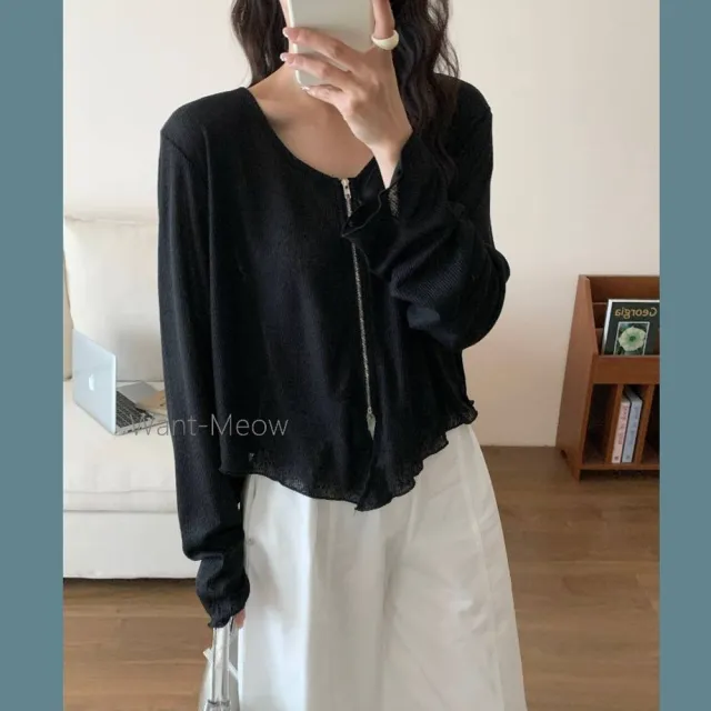 【Want-Meow】80公斤可穿/透膚上下拉鍊捲邊雙拉鍊V領外套上衣(大碼上衣/大碼/大尺碼/外套)