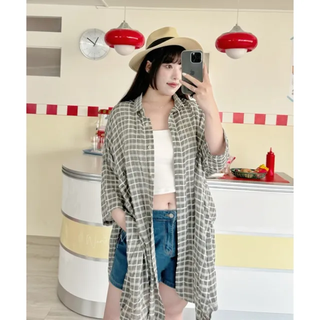 【Want-Meow】100公斤可穿/透膚寬鬆日系涼格紋爽棉格紋中長版襯衫外套上衣(大碼上衣/大碼/大尺碼/外套)