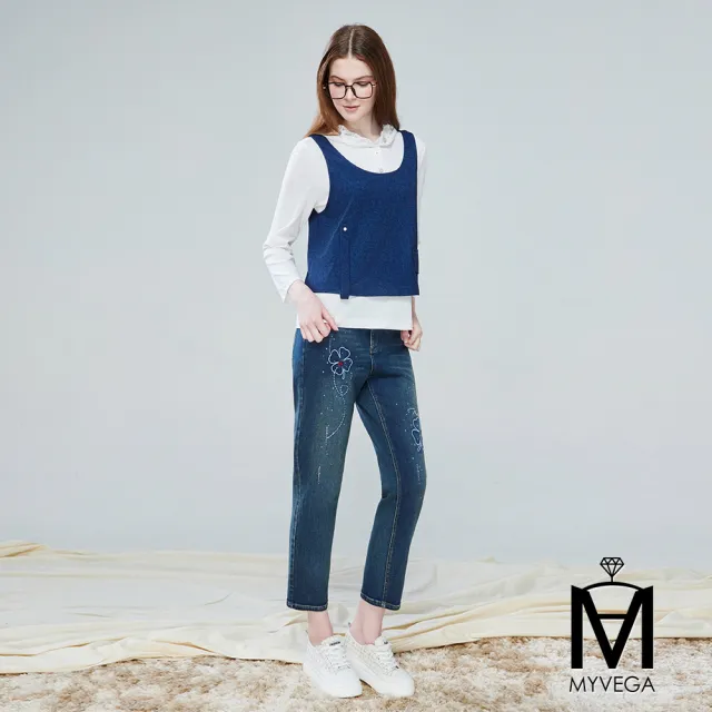 【MYVEGA 麥雪爾】MA高含棉真兩件式蕾絲邊連帽上衣-牛仔藍(日系/丹寧/套裝/女上衣/帽T)