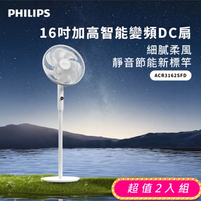 【Philips 飛利浦】超值2入組-16吋 定時 可調3段高度 DC智能變頻風扇 7片扇葉設計-檯立兩用(ACR3162SFD)
