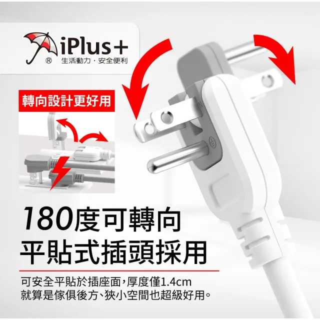 【iPlus+ 保護傘】5開4插3P防塵抗雷擊旋轉插頭延長線1.2M(PU-3547S 斜面開關.台灣製.防火)