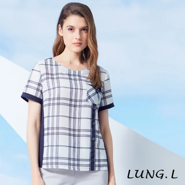 【LUNG.L 林佳樺】LW51A 白色格紋拼接藍色搭配織帶短袖女裝上衣（加大尺碼）