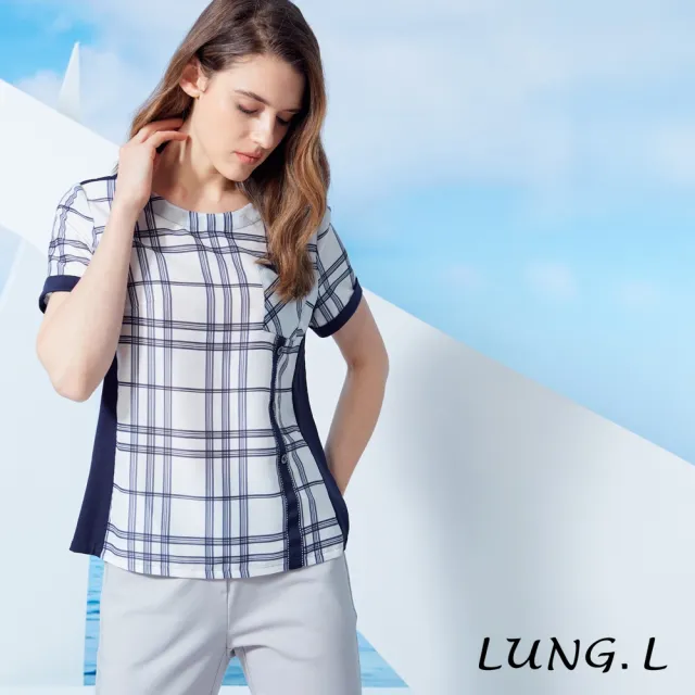 【LUNG.L 林佳樺】LW51A 白色格紋拼接藍色搭配織帶短袖女裝上衣(加大尺碼)