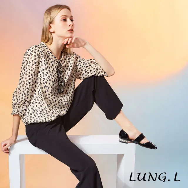 【LUNG.L 林佳樺】LU73A 米白小碎批領花荷葉門襟七分袖女裝上衣