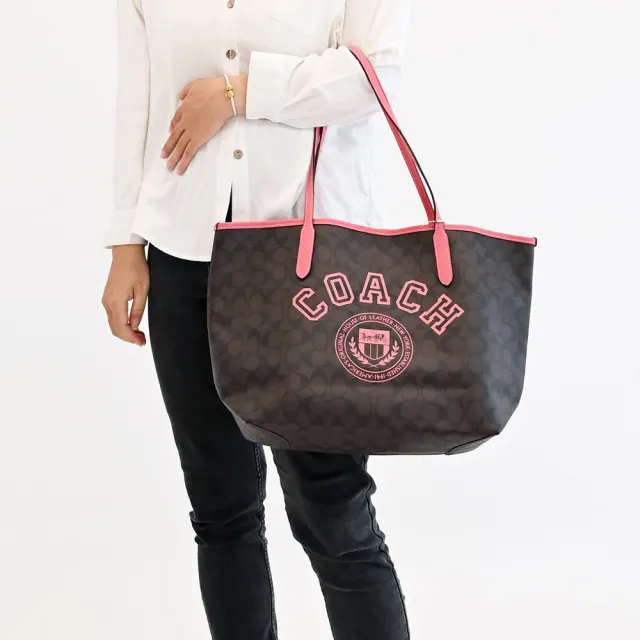 【COACH】經典C字LOGO印花拼接大肩背包托特購物包(深咖)