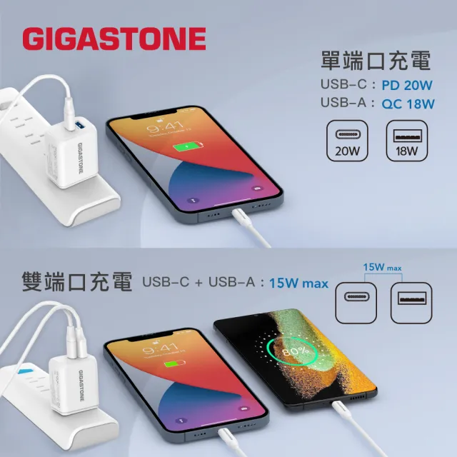 【Gigastone 立達國際】20W雙孔急速快充充電器 + Type-C to Lightning 頻果認證充電線組合(iPhone 14以下)