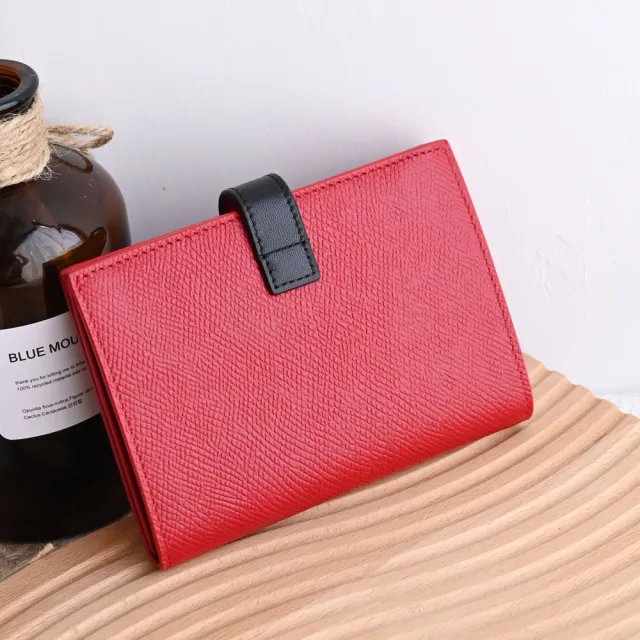 【CELINE】經典品牌燙金防刮皮革扣式寬版零錢中夾(紅黑)