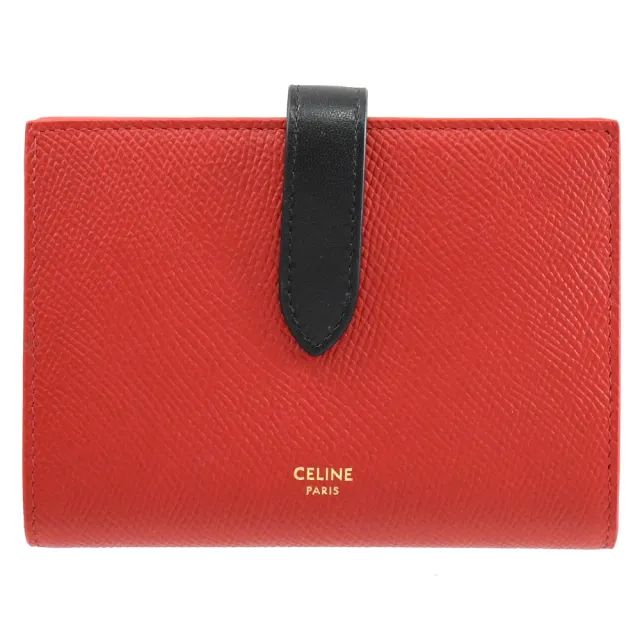 【CELINE】經典品牌燙金防刮皮革扣式寬版零錢中夾(紅黑)