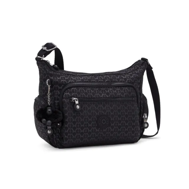【KIPLING】『牛角包』經典黑菱格紋印花多袋實用側背包-GABBIE S