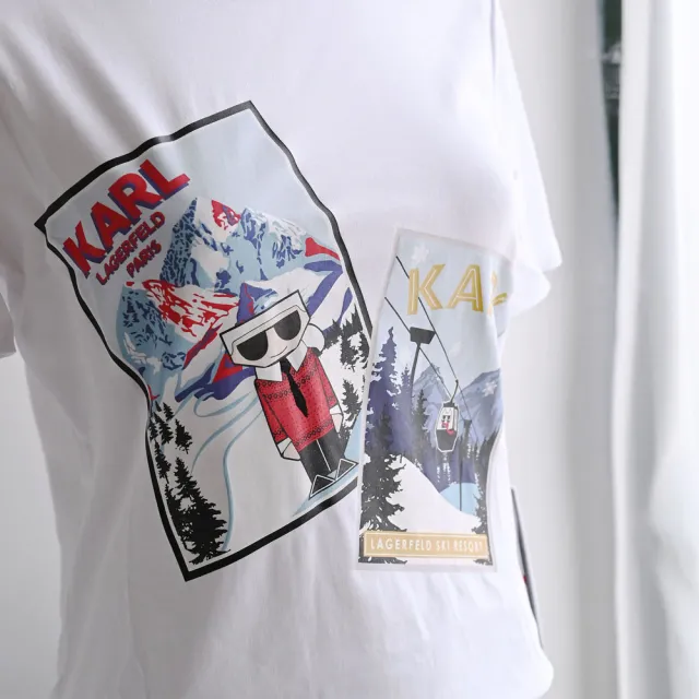 【KARL LAGERFELD 卡爾】老佛爺 Q版公仔雪景圖案棉質短T恤(白)