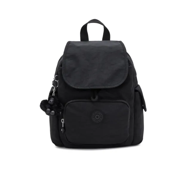 【KIPLING】『猴子包』曜岩黑品牌經典圓標拉鍊掀蓋後背包-CITY PACK MINI 女包