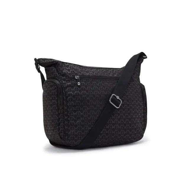 【KIPLING】『牛角包』經典黑菱格紋印花多袋實用側背包-GABB