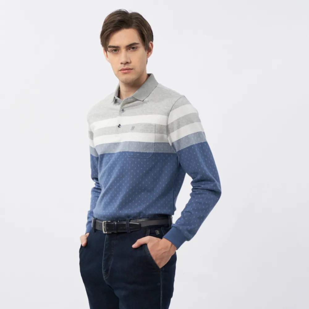 【pierre cardin 皮爾卡登】休閒服飾 男款 仿棉雙面緹花格子長袖polo衫-灰色(5235201-95)