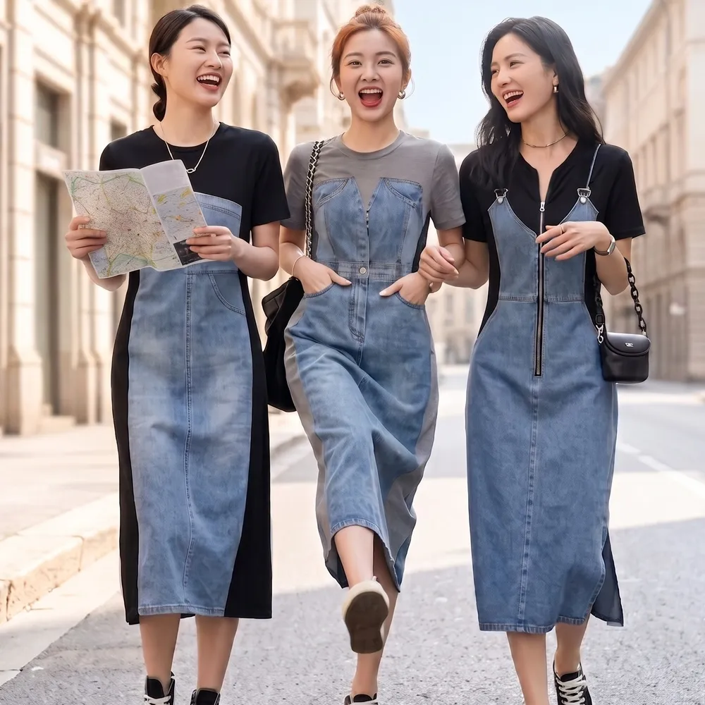 【米蘭精品】現貨出清 連身裙短袖洋裝(牛仔拼接收腰中長款女裙子4款74km53)