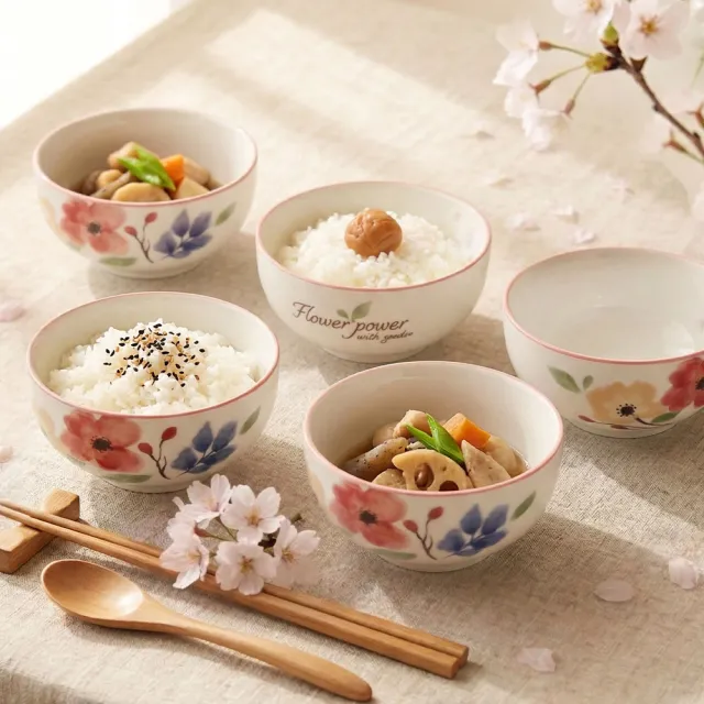【Just Home】映花陶瓷5吋飯碗5件組/6吋麵碗4件組-擇一款(可微波餐具/飯碗/麵碗/湯碗)