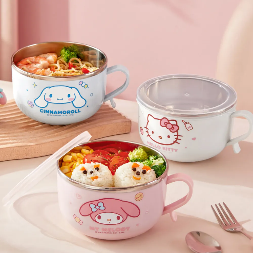 【SANRIO 三麗鷗】大耳狗美樂蒂凱蒂貓304不鏽鋼大容量帶蓋學生餐碗 雙層隔熱碗(附湯匙)