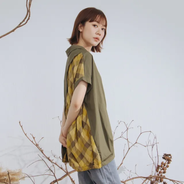 【MOSS CLUB】日系格紋拼接有領上衣 黃