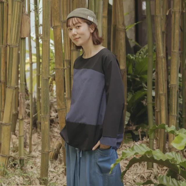 【MOSS CLUB】撞色不規則拼接圓領修身長袖上衣 黑 綠