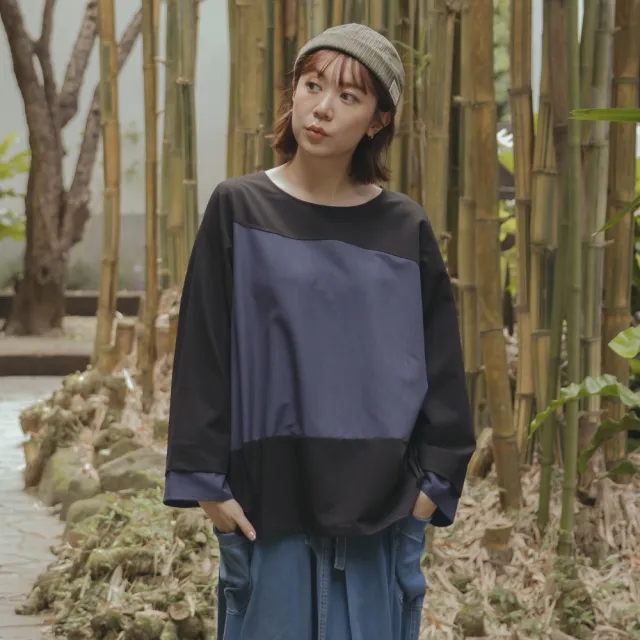 【MOSS CLUB】撞色不規則拼接圓領修身長袖上衣 黑 綠