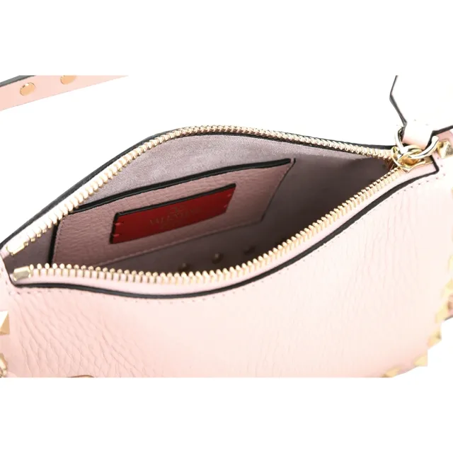 【VALENTINO 范倫鐵諾】Rockstud 小款 荔紋牛皮鉚釘肩斜背腋下包(粉色)