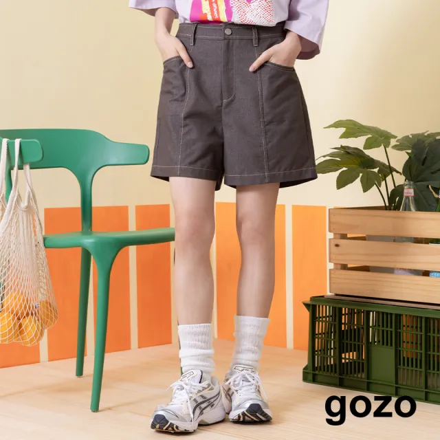 【gozo】仿牛仔後鬆緊A字短褲(深灰/深藍)