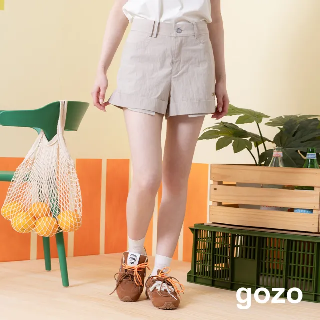 【gozo】微皺感雙層口袋鬆緊短褲(淺灰/綠色)
