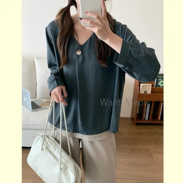 【Want-Meow】90公斤可穿/韓系氣質質感金扣V領襯衫上衣長袖T恤(大碼/大尺碼/加大碼/長袖上衣)