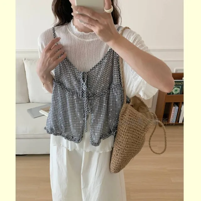 【Want-Meow】90公斤可穿/大胸可日系多層次穿搭格紋小花綁帶背心(大碼上衣/大碼/大尺碼/綁帶背心)