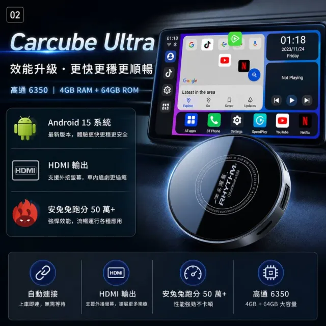 【Rhythm 路瑞寶】Carcube Ultra｜高通 6350 旗艦晶片｜HDMI 輸出｜4+64G｜車用 CarPlay 轉安卓盒