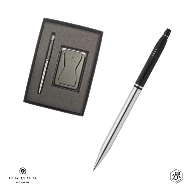 【CROSS】立卡禮服系列亮鉻黑金屬原子筆+磁吸手機夾禮盒 客製化刻字(原廠正貨)