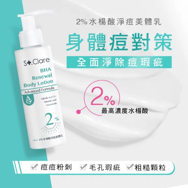 【St.Clare 聖克萊爾】2%水楊酸淨痘美體乳100ml+10%果酸煥白淨味噴霧100ml