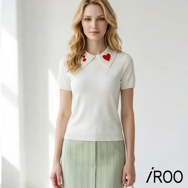 【iROO】修身拼接領經典時尚短袖上衣