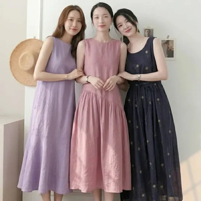 【米蘭精品】多款現貨限搶 洋裝無袖連身裙大尺碼女裝連衣裙(亞麻棉麻休閒長裙顯瘦魚尾女裙子多款74kf18)
