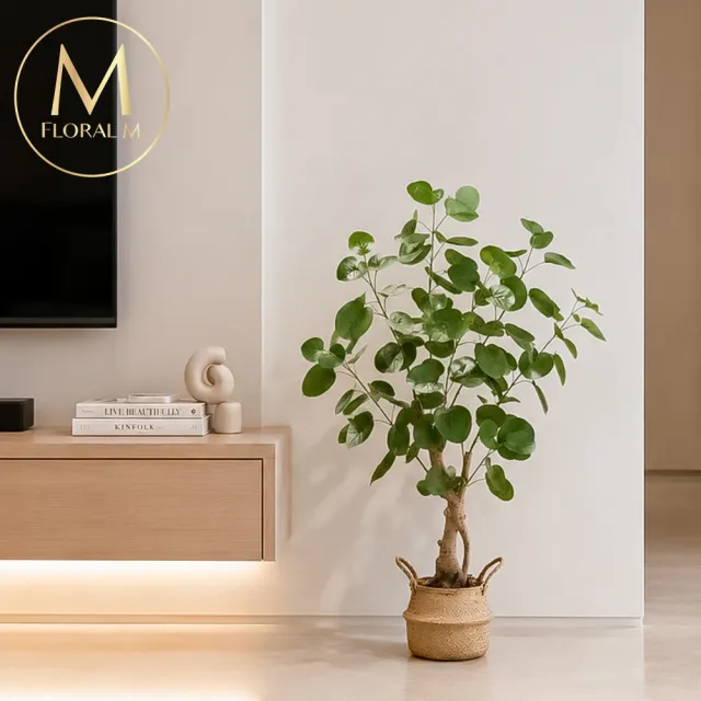 【Floral M】金幣滿堂招財樹100cm仿真植栽(贈編織籃)(人造植栽/仿真樹/室內佈置/居家裝飾/桌上型植栽)