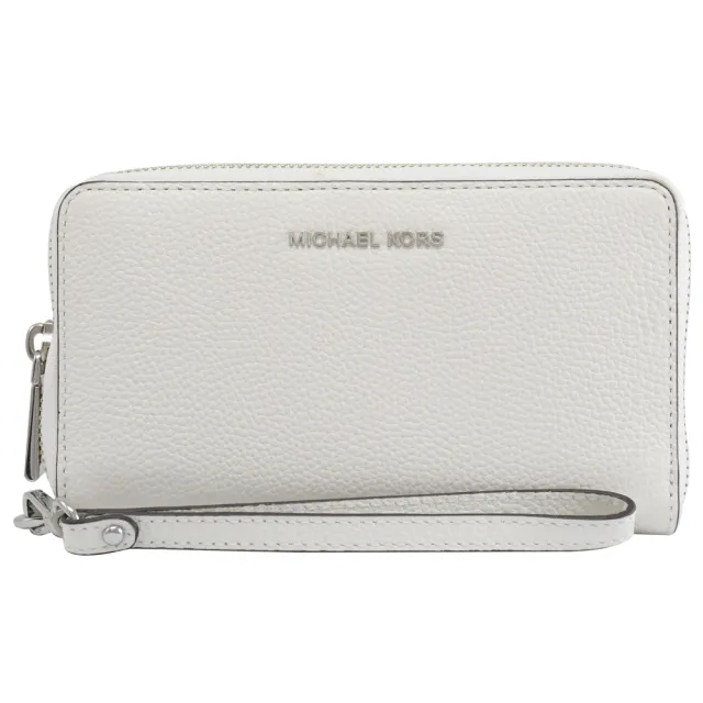 【Michael Kors】新版簡約經典LOGO皮革手提式手機袋零錢中長夾(白)