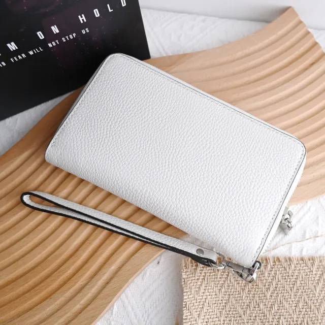 【Michael Kors】新版簡約經典LOGO皮革手提式手機袋零錢中長夾(白)