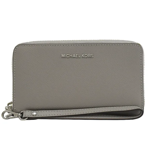 【Michael Kors】新版金屬LOGO手提式拉鍊手機袋零錢中夾(珍珠灰)