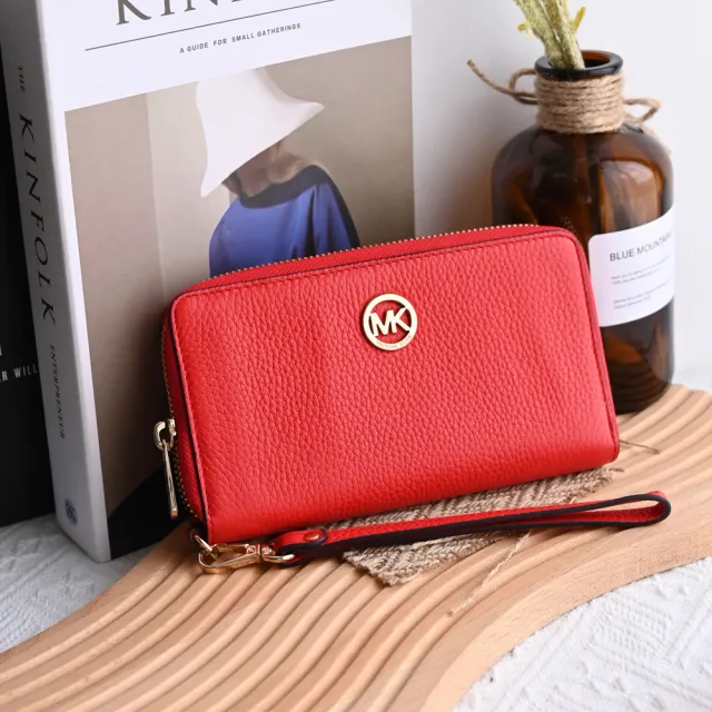 【Michael Kors】圓標MK LOGO荔枝皮革手提包手機包中夾(紅)