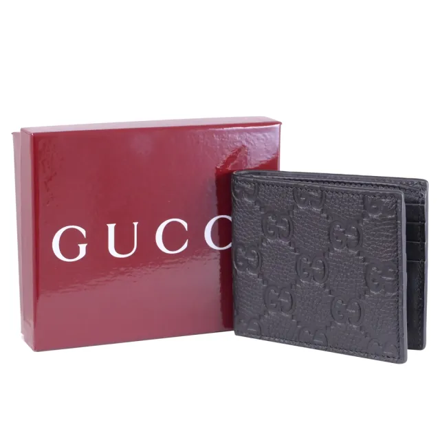 【GUCCI 古馳】GG LOGO 經典雙G荔枝壓紋對折雙層8卡短夾(黑)