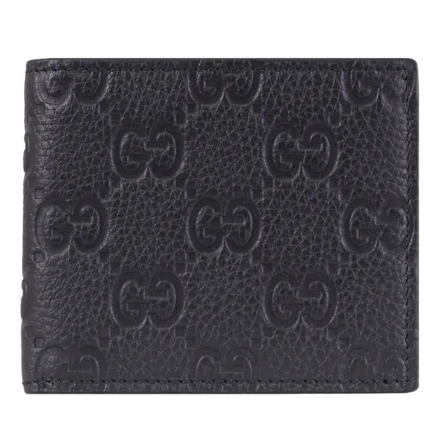 【GUCCI 古馳】GG LOGO 經典雙G荔枝壓紋對折雙層8卡短夾(黑)