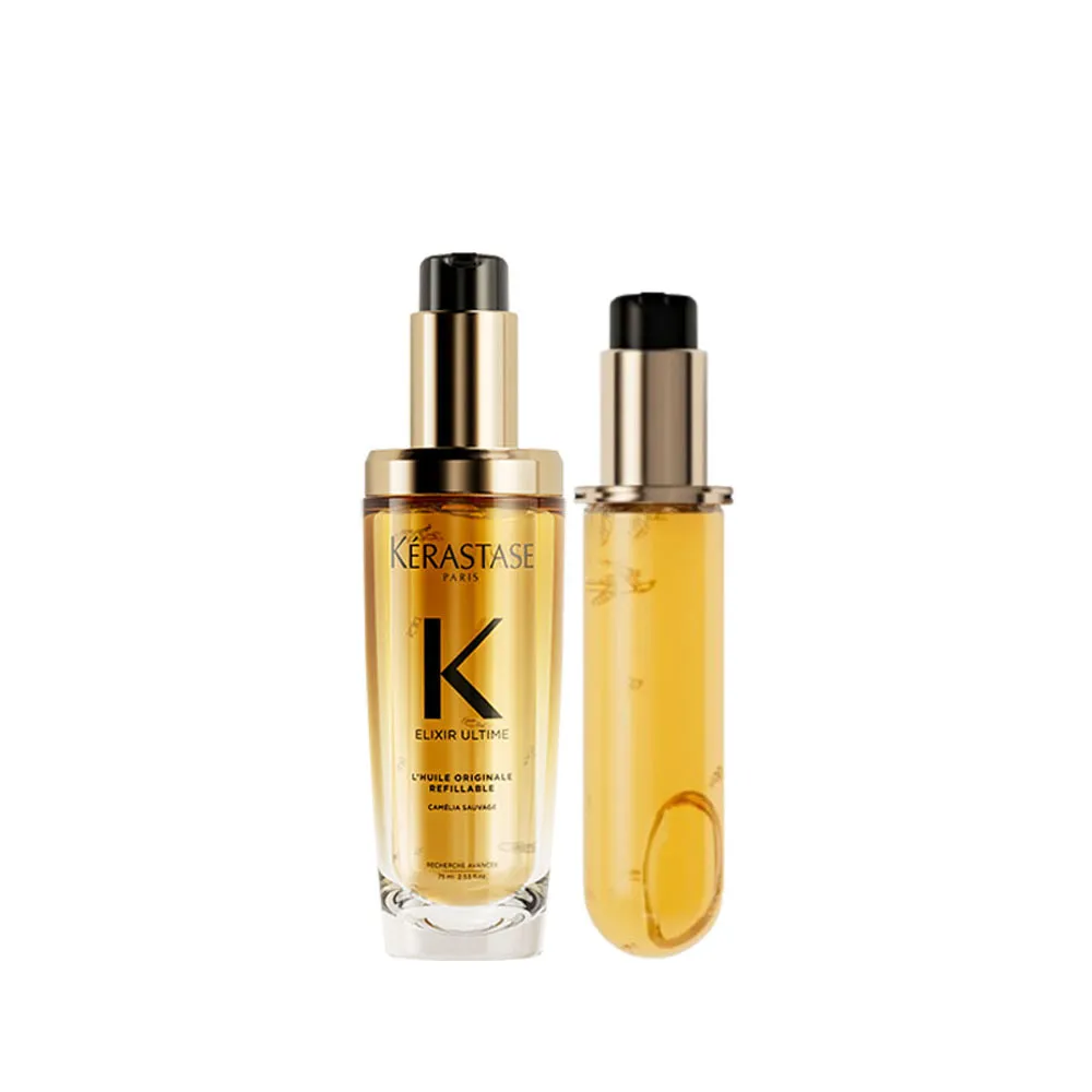 【KERASTASE 巴黎卡詩】金緻柔馭山茶花鎏光露75ml+填裝瓶75ml(升級版奢光小金油/極致保濕/抗躁/護髮油/髮油