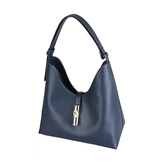 【FURLA 芙拉】FURLA Goccia背面燙金LOGO小牛皮垂掛帶開口式肩背流浪包(中/墨藍)