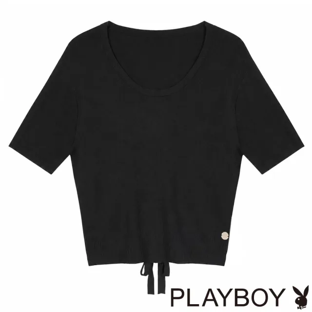 【PLAYBOY】後背綁帶短版針織上衣 - 黑色
