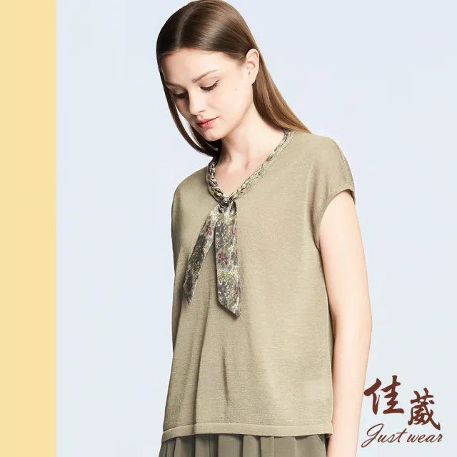 【Just Wear 佳葳】氣質花卉領巾針織上衣(女上衣/女上著/短袖/撞色/百搭/透膚)