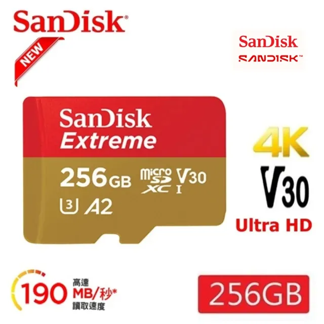【SanDisk 晟碟】[極速升級 全新版] 256GB Extreme microSDXC V30 A2 記憶卡(讀取190MB/s 原廠永久保固)