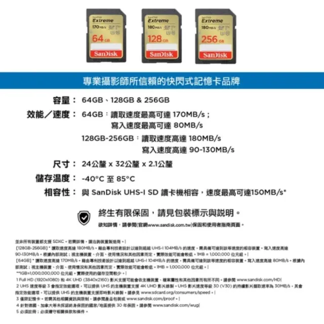【SanDisk 晟碟】全新版 再升級 64GB Extreme SDXC V30  記憶卡170MB/s(原廠有限 永久保固)