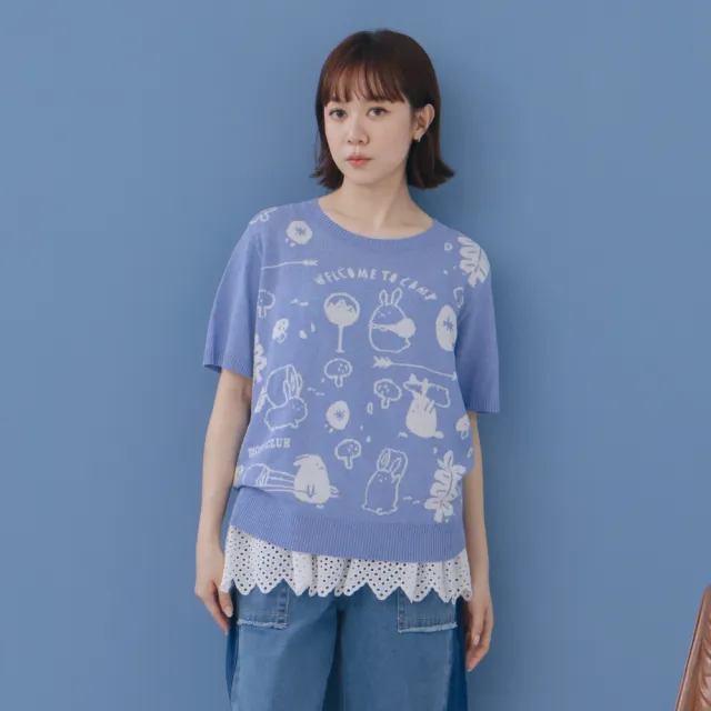 【MOSS CLUB】插畫風森系露營兔緹花圓領針織上衣 藍 杏 灰(魅力商品)