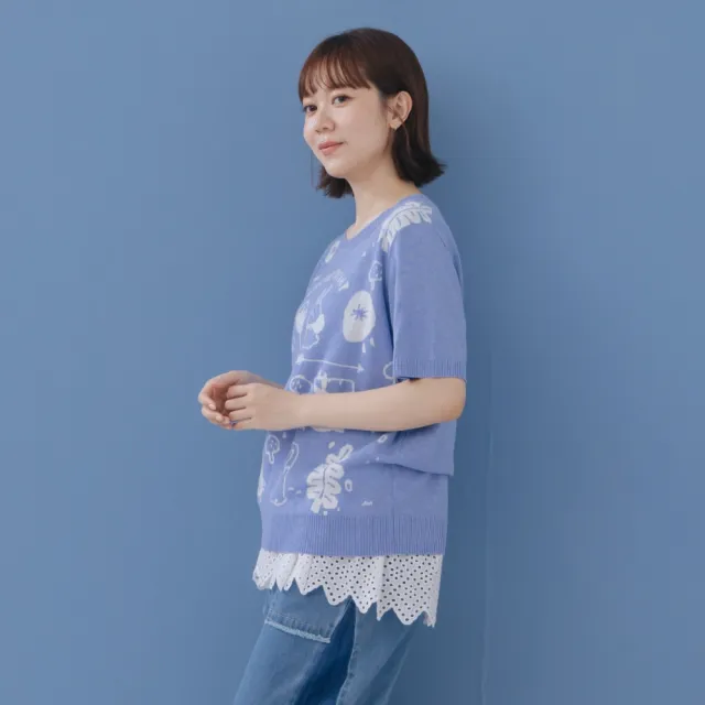 【MOSS CLUB】插畫風森系露營兔緹花圓領針織上衣 藍 杏 灰(魅力商品)