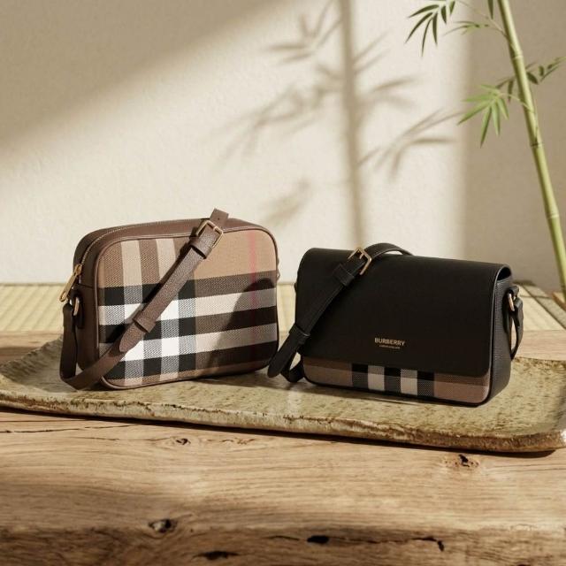 【BURBERRY 巴寶莉】格紋拼接皮革斜背相機包/翻蓋包(多款任選)