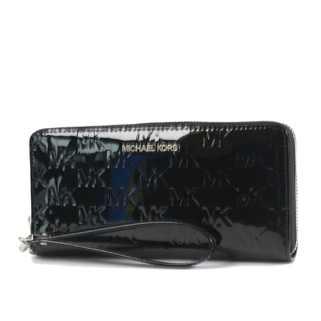 【Michael Kors】漆皮壓印LOGO多卡層手掛式拉鍊長夾-黑色